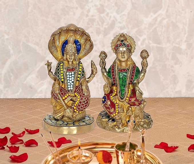 Brass Vishnu and Lakshmi idol set of 2, multicolour seated on Shesh Naag