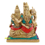 Brass Shiva-Parvati family idol statue, side view with trident and detailed faces