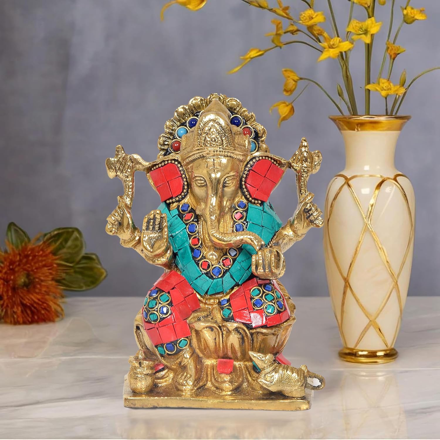 Brass Lord Ganesha Idol Ganesh Statue Decorative Sculpture for Home Decor Office Mandir Pooja Showpiece (Height 6 Inch) (Multicolor 1)