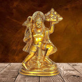 Brass Hanuman ji idol with Sanjivani parvat, 3/4 side view, 6.5 in