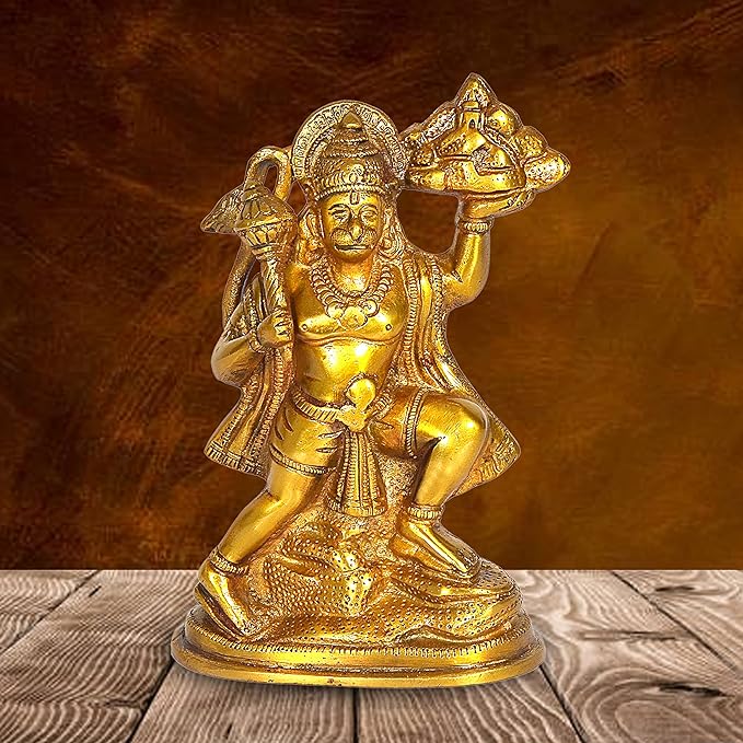 Mahabali Hanuman ji Murti with Sanjivani parvat Statue Idol in Brass Height : 6.5 inch