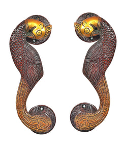 Brass peacock door handle pair with gold knob and bronze-red bird detailing