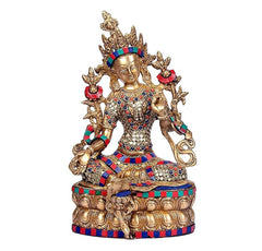 Brass Tara Devi deity statue, front view, ornate crown and jeweled torso, seated
