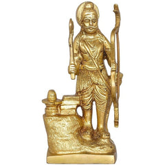 Brass Parshurama with Shiva linga idol, 7-inch standing figure with weapon