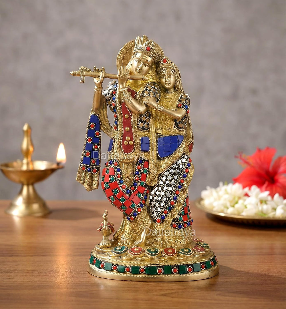 Brass Standing Radha Krishna Idol with Peacock (Height 12 Inch)