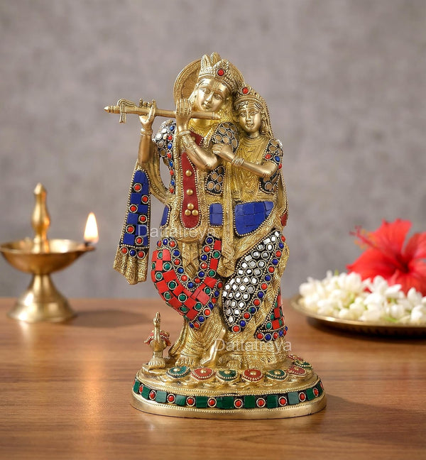 Brass Standing Radha Krishna Idol with Peacock (Height 12 Inch)