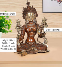Sitzende Tara-Devi Statue, goldene Gesichtszüge und braune verzierte Gewandung