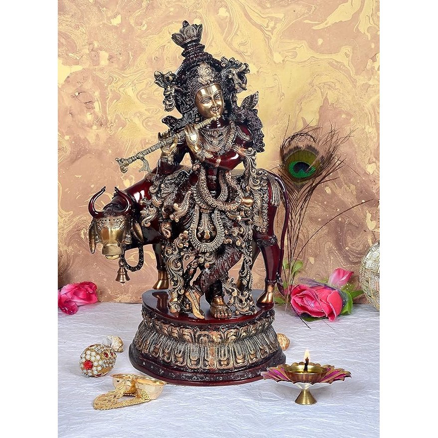 Brass Krishna with cow Murti (Height 28 inches) maroon