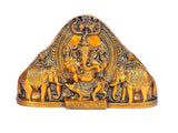 Brass Lakshmi Ganesha idol, frontal view with intricate carvings and golden headpiece