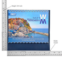2027 desk calendar cover with World Monuments text, shown with height and width