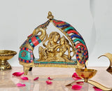 Brass Radha Krishna idol statue with colorful arch, home temple decor
