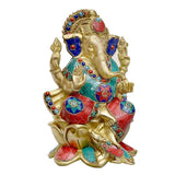 Brass Ganesha idol with multicolour stone finishing, seated pose, raised hands