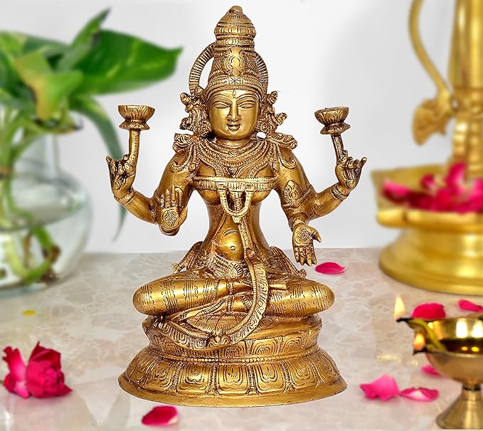 Brass Lakshmi Statue Idol On Base for Home Decor Temple | Height : 10.5 Inches (Lakshmi, 1)