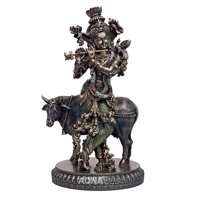 Large Krishna Idol Playing Flute On The Back Kamdhenu Cow - Statue Showpiece Murti for Home Office Height 10.5 inches