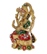Brass Ganesha idol on lotus, 12 in, dancing pose with red, green and blue accents