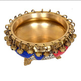Brass urli bowl with bells and multicolour mosaic base, open top