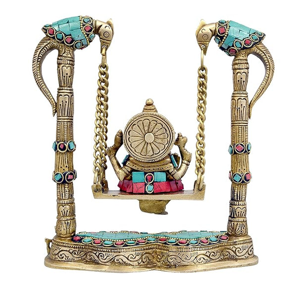 Brass Ganesha on a Swing Statue with Two Parrot Holding Chain, Height : 8.5 Study Setting