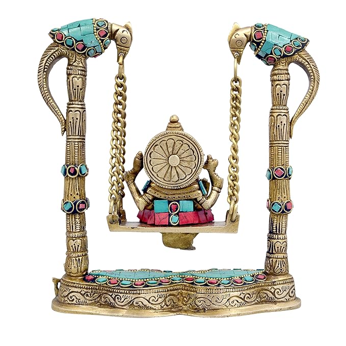 Brass Ganesha on a Swing Statue with Two Parrot Holding Chain, Height : 8.5