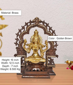 Golden brown brass Lakshmi idol, 16 in tall; seated on lotus with raised arms
