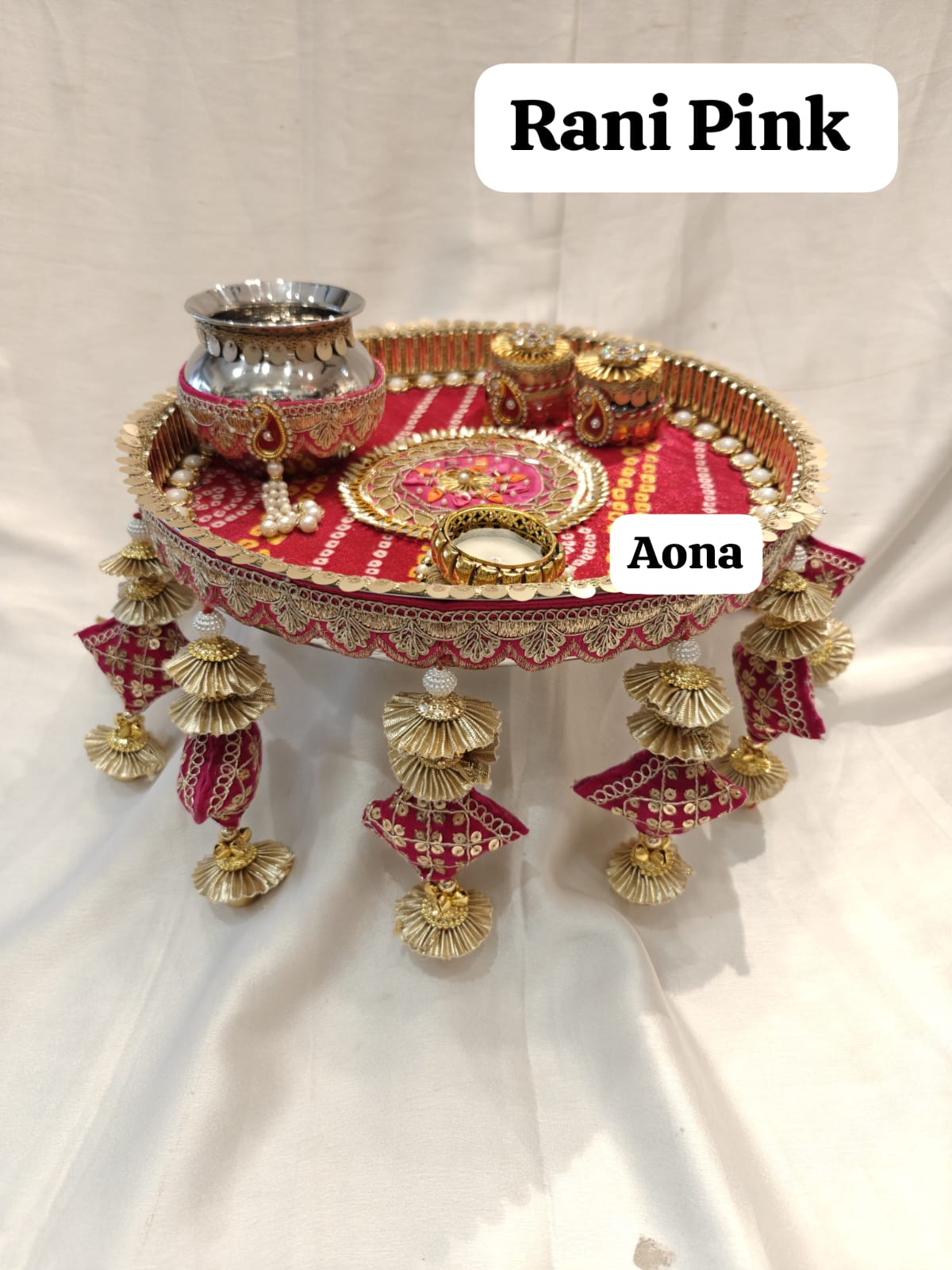 AONA Steel Handcrafted Pooja Thali for Raksha bandhan, Karva Chauth & Bhai Dooj Plate Pink