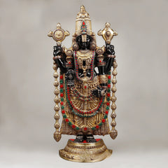 Large Tirupati Balaji idol, front view with black face, gold crown and jeweled belt