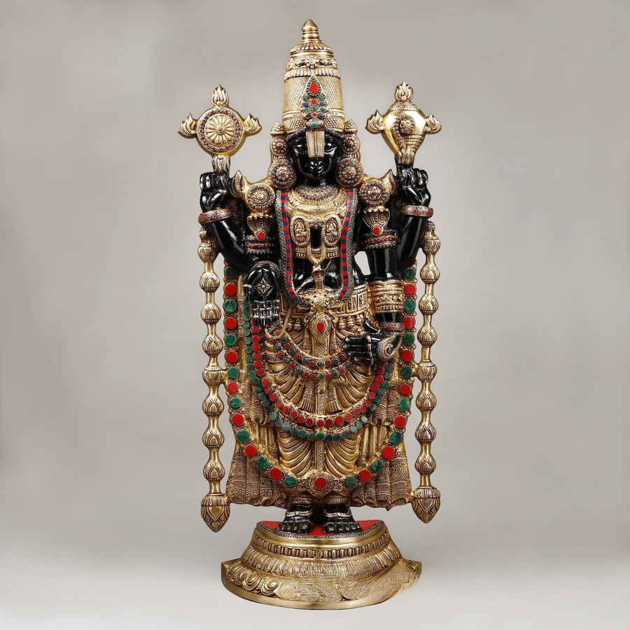 Brass Large Size Tirupati Balaji (Venkateshvara) with black finish and stone embellishments Idol (Height: 46 Inches) Craft Detail