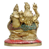 Brass Shiva family idol side view, long golden hair, blue gem garland, red base