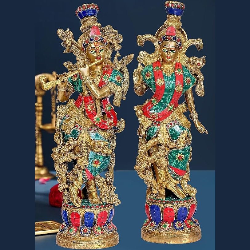 Brass Radha Krishna Statue Idol with Eye Work and Stone Engraved for Home Decor | Pair | Heigh : 14 Inches | Multicolor