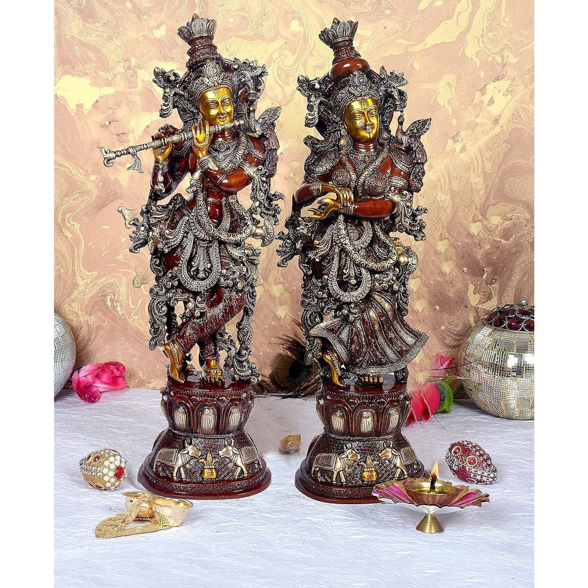 Brass Radha Rani & Lord Krishna showpiece, two standing figures with ornate crowns