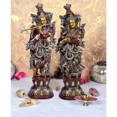 Brass Radha Rani & Lord Krishna showpiece, two standing figures with ornate crowns