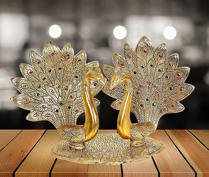 Metal peacock double-lovers showpiece, 6-inch, gold-toned with two raised beak figures