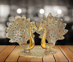 Metal peacock double-lovers showpiece, 6-inch, gold-toned with two raised beak figures