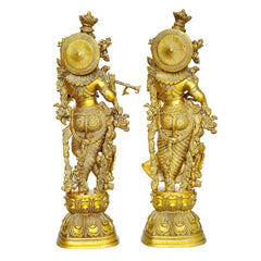 Goldene Messing-Radha-Krishna-Idole, 29 Zoll, Rückansicht mit runden Schmuckscheiben