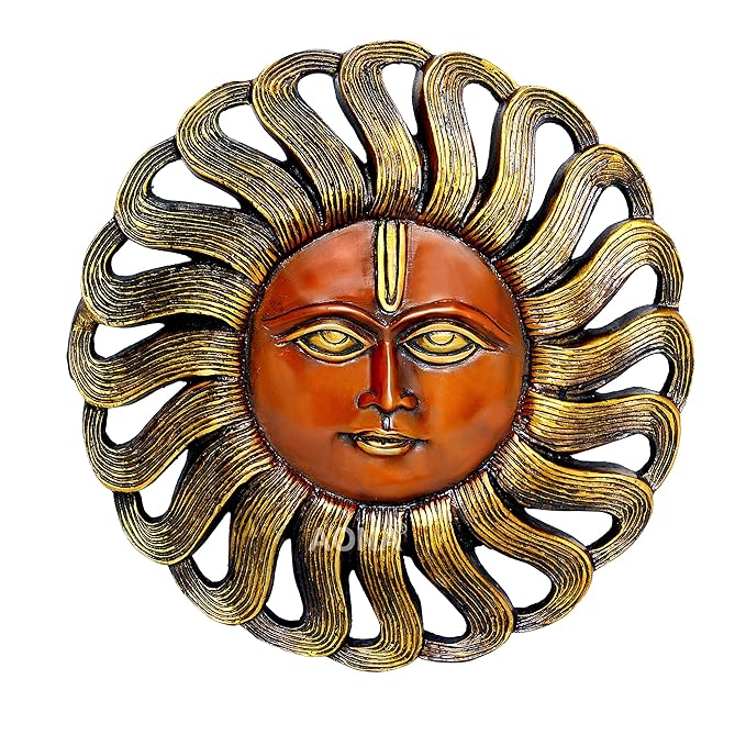 Orange brass sun face wall hanging with detailed wavy rays, 10 inches