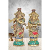 Pair of brass Radha Krishna statues, 9.5 in height, jeweled crowns and folded hands