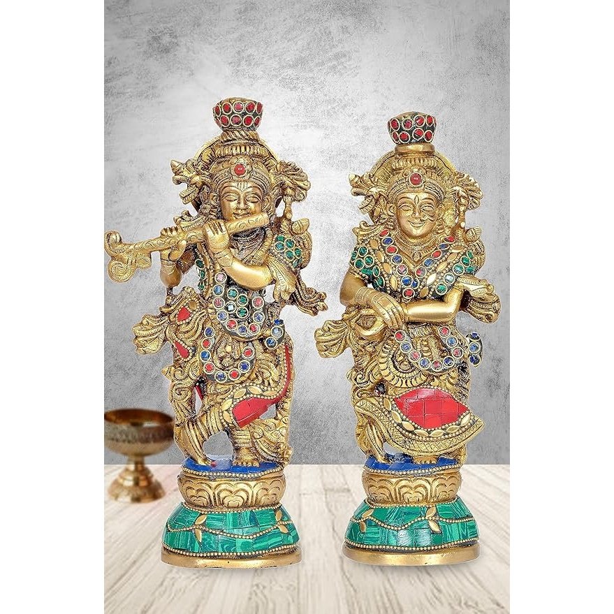 Pair of brass Radha Krishna statues, 9.5 in height, jeweled crowns and folded hands