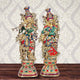Brass Radha Krishna sculpture: ornate two-deity figures, multicolor attire, 29 in