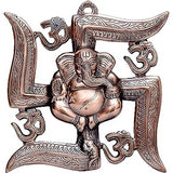 Metal Ganesha wall hanging with OM and swastik, bronze tone, 11 in height