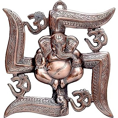 Lord Ganesha on Swastik Metal Wall Hanging Wall Decor Swastik Decorative Showpiece Brown Height 11 Inches