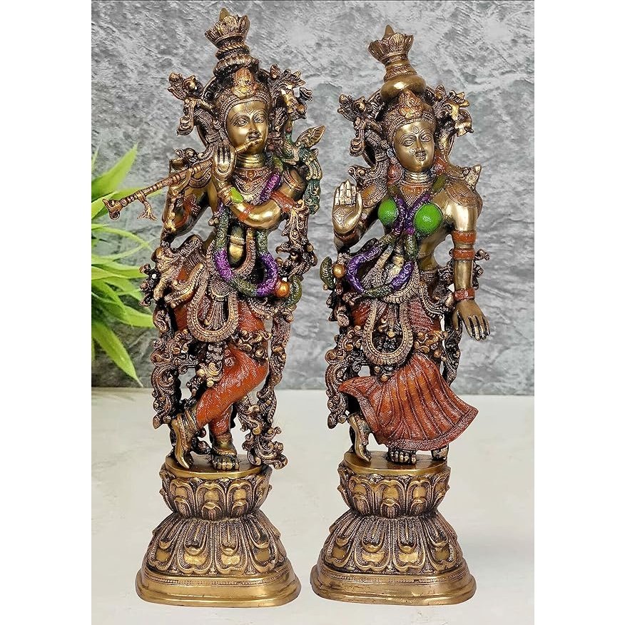 Brass Radha Krishna sculpture pair, two standing deities with jeweled details, 29 in
