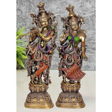 Brass Radha Krishna sculpture pair, two standing deities with jeweled details, 29 in