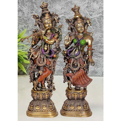 Brass Radha Krishna sculpture pair, two standing deities with jeweled details, 29 in