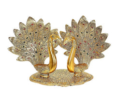 Gold-toned metal double peacock lovers on round base, facing each other