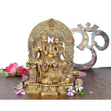 Brass Shiv Parivar idol: seated Shiva family under ornate arch, 12 inch