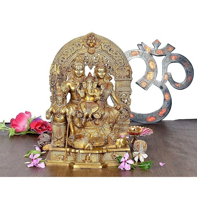 Brass Shiv Parivar idol: seated Shiva family under ornate arch, 12 inch