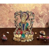 Brass Lakshmi idol statue seated on lotus, multicolour gemwork and four elephants