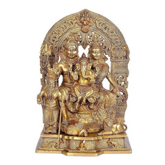 Brass Shiv Parivar idol, front view: four figures seated with decorative halo arch
