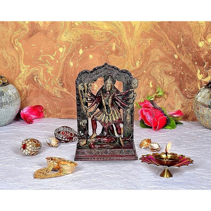 Kali Mata & Shivji brass idol statue, dark finish with red and gold accents, 11.5 inch