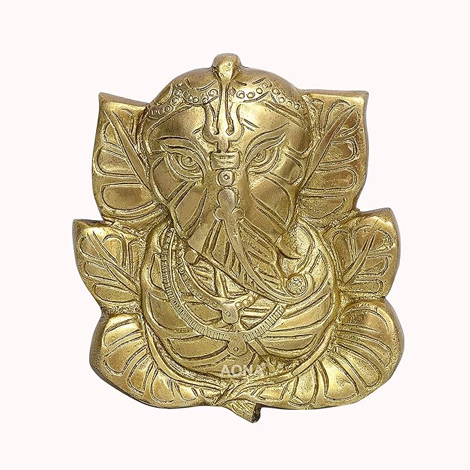 Gold brass Ganesha wall hanging with detailed leaf relief, 5.5 in height