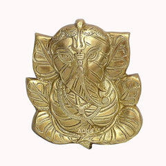 Gold brass Ganesha wall hanging with detailed leaf relief, 5.5 in height